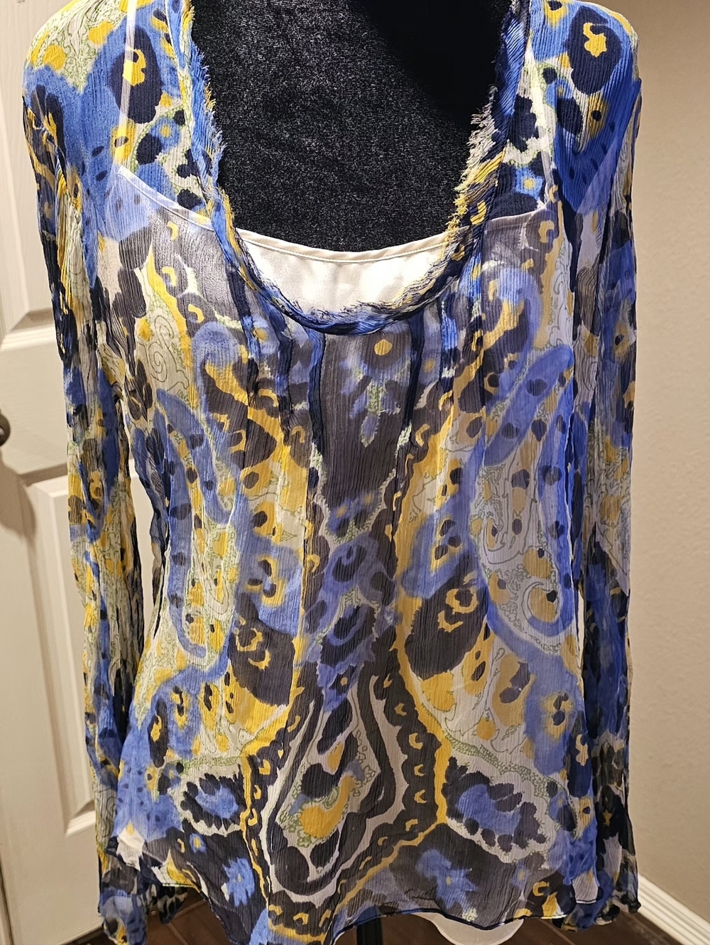 Elie Tahari Blue, Yellow & Black Printed Long-Sleeve Blouse